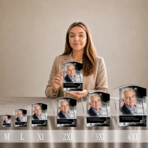 Gamme complète de plaques funéraires rectangle en plexiglas finition argent, du format M au 4XL, présentées côte à côte avec portrait et texte d'hommage gravé
