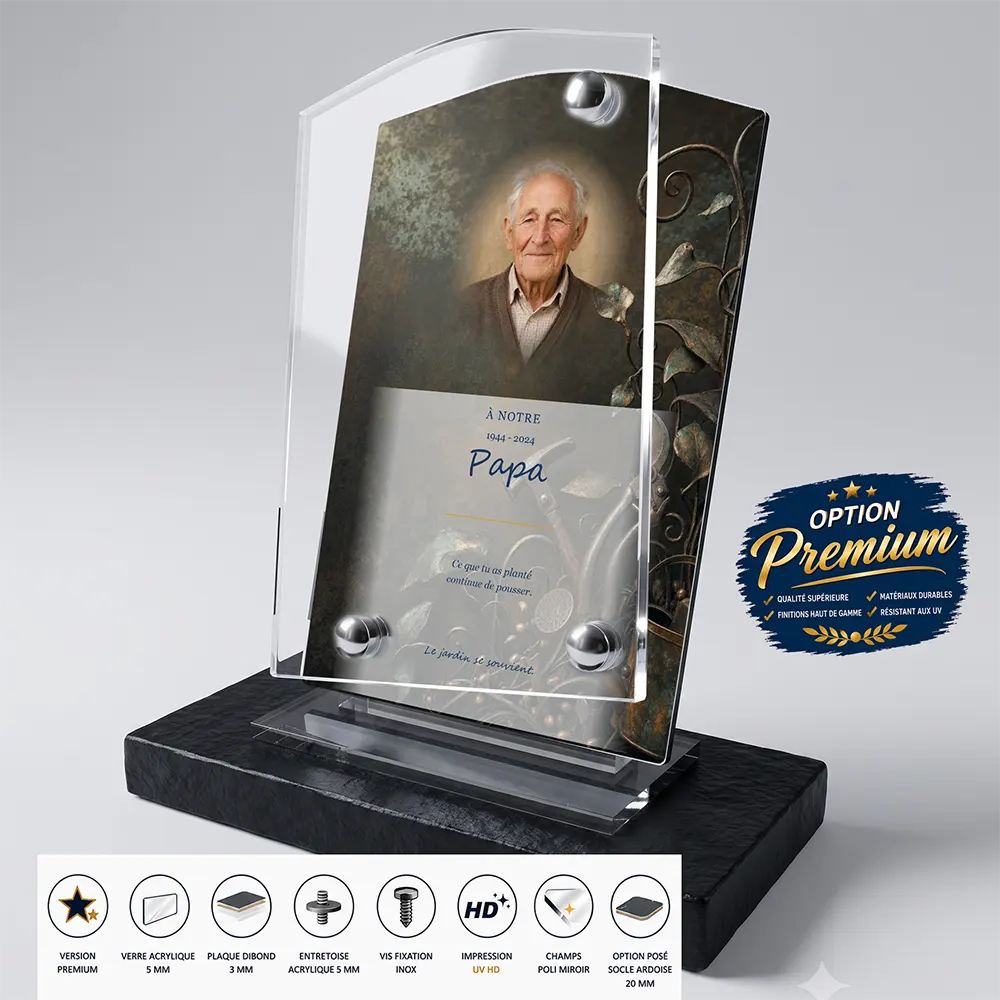 Plaque funéraire stèle Jardinage finition premium présentée sur socle en ardoise