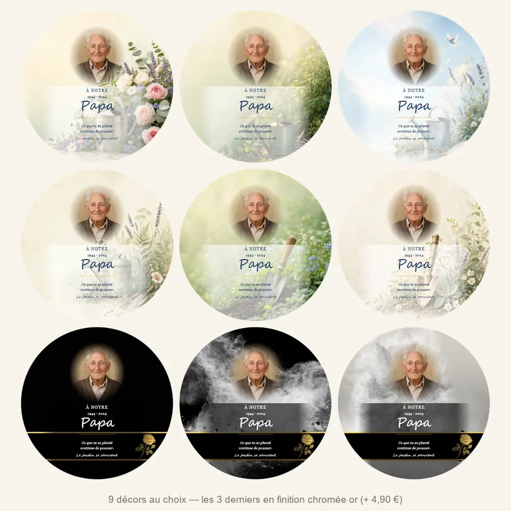 Plaque funéraire circulaire Jardinage — neuf décors de fond au choix