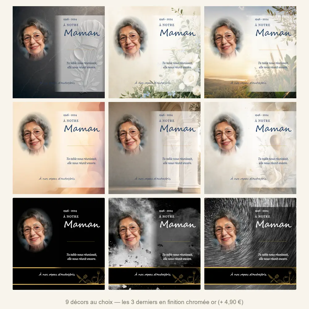 Plaque funéraire carré Cuisine — neuf décors de fond au choix
