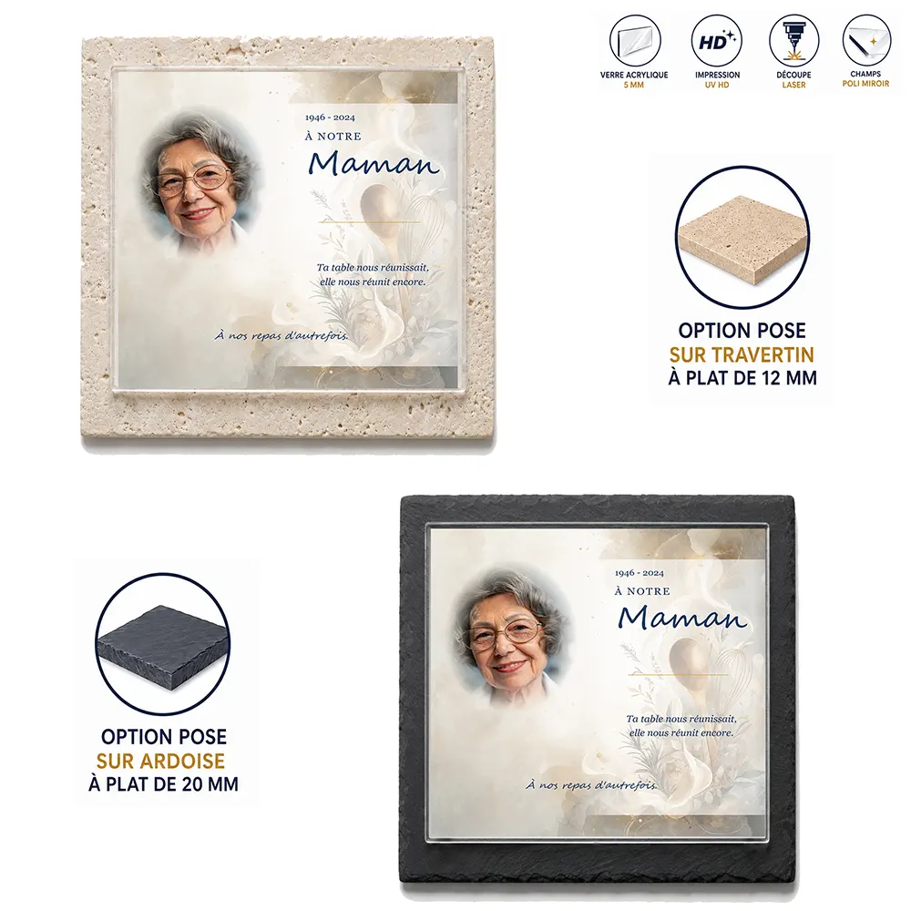 Plaque funéraire carré Cuisine — supports au choix, socle ardoise ou travertin