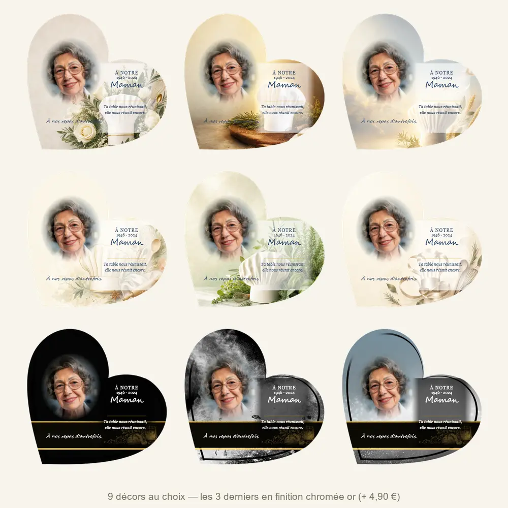 Plaque funéraire cœur Cuisine — neuf décors de fond au choix
