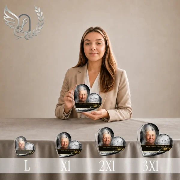 Gamme de plaques funéraires en cœur finition or, présentées côte à côte en quatre tailles croissantes (L, XI, 2XI, 3XI), avec portrait et motifs dorés, style hommage personnalisé