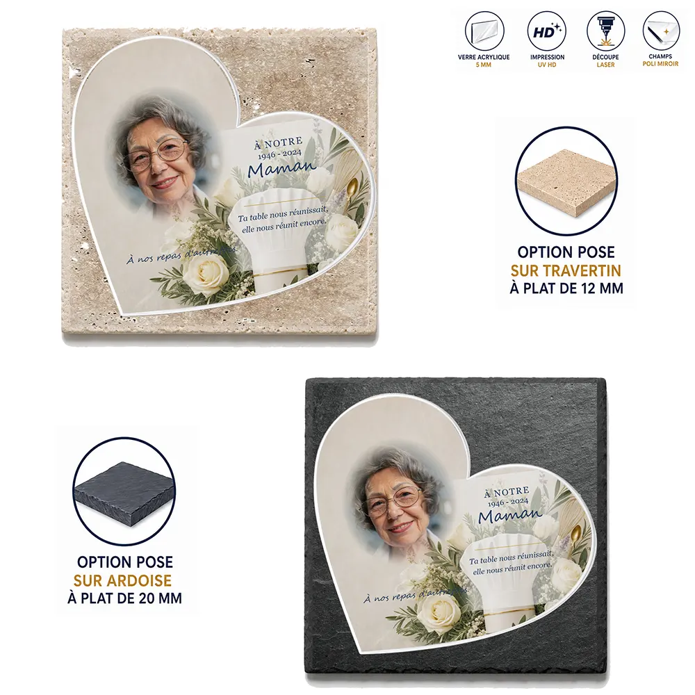 Plaque funéraire cœur Cuisine — supports au choix, socle ardoise ou travertin