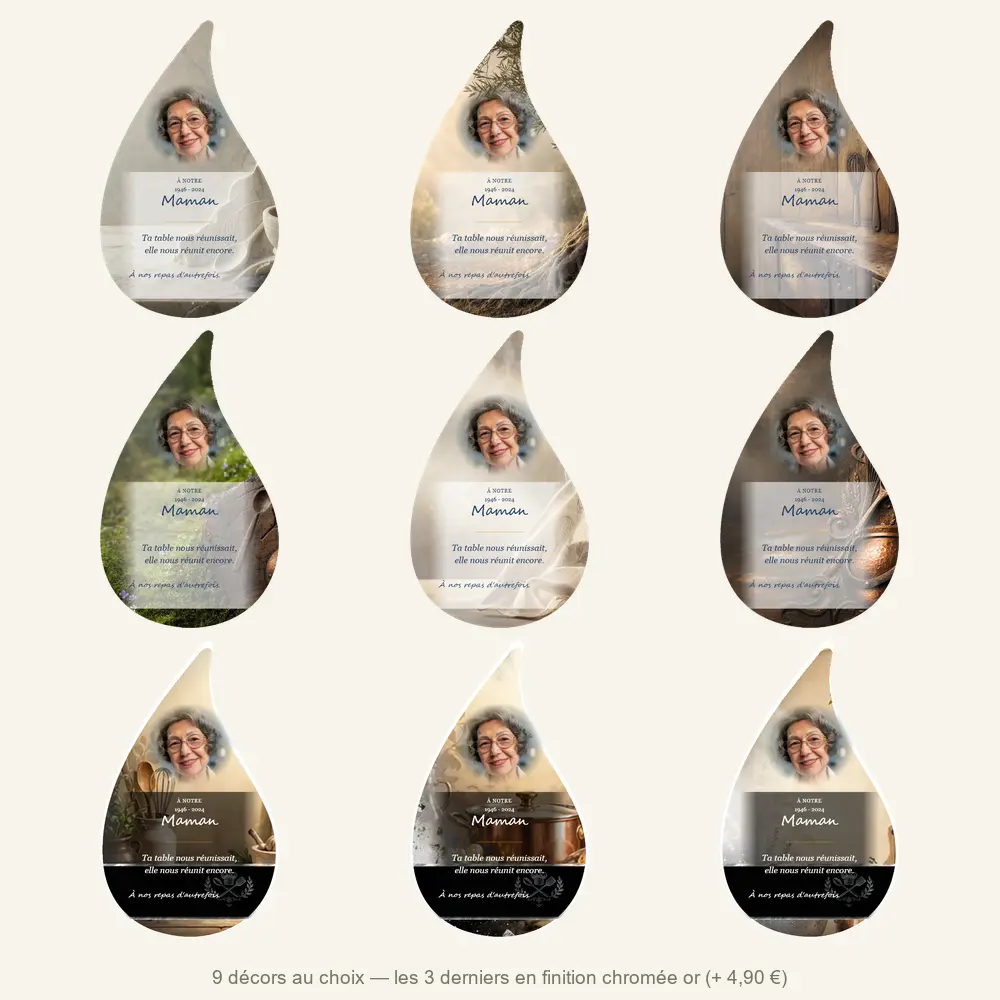 Plaque funéraire flamme Cuisine — neuf décors de fond au choix