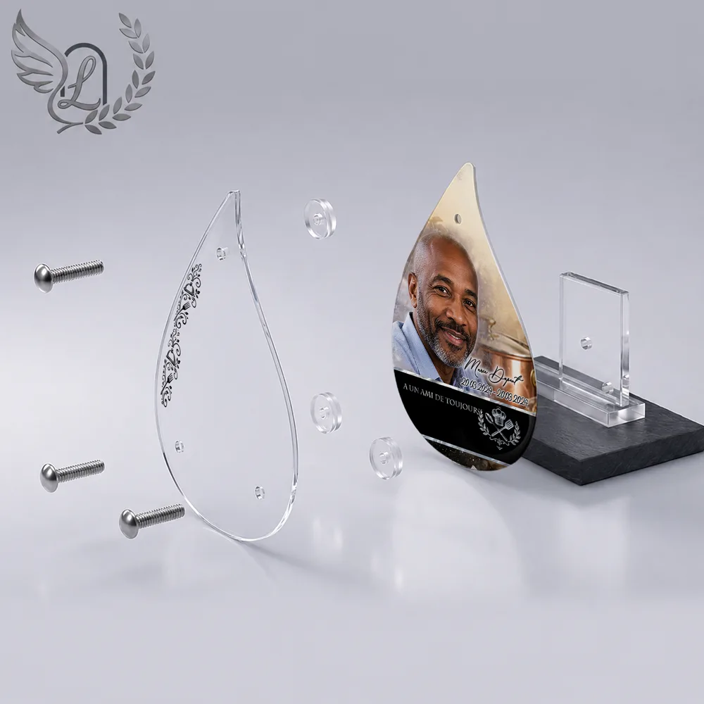 Vue éclatée plaque funéraire Flamme Cuisine : construction sandwich plexi imprimé miroir, 3 entretoises, dibond et bloc ardoise
