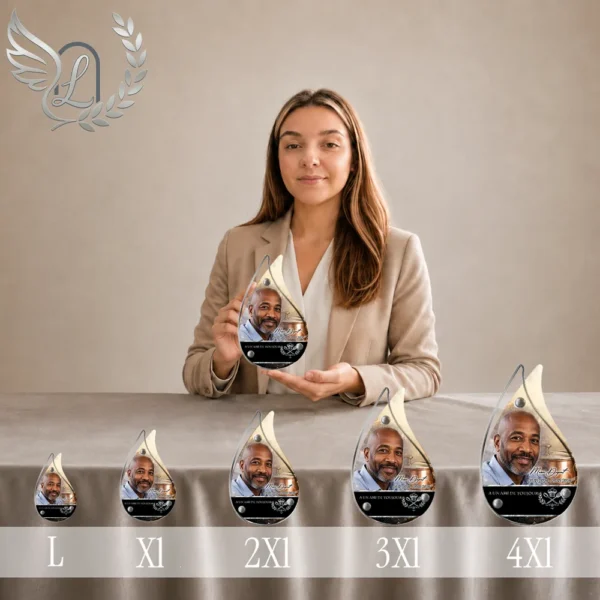 Gamme de plaques funéraires en forme de flamme avec finition argent chrome, présentant un portrait et motifs culinaires, présentées du format L au 4XL côte à côte