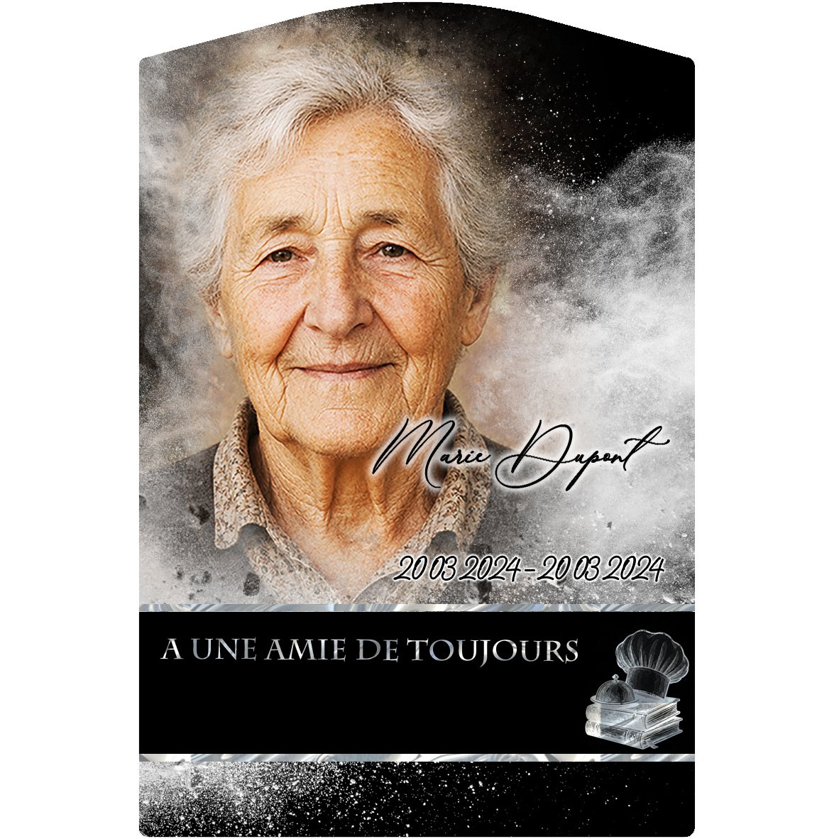 Plaque Stèle Cuisine effet Éclat, ambiance complète portrait + fond