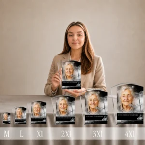 Présentoir de plaques funéraires rectangulaires argent avec portrait et texte, du format M au 4XL, finition chrome poli, style mémorial épuré