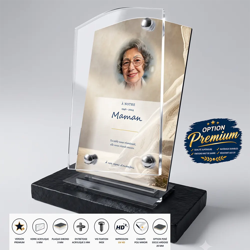 Plaque funéraire stèle Cuisine finition premium présentée sur socle en ardoise
