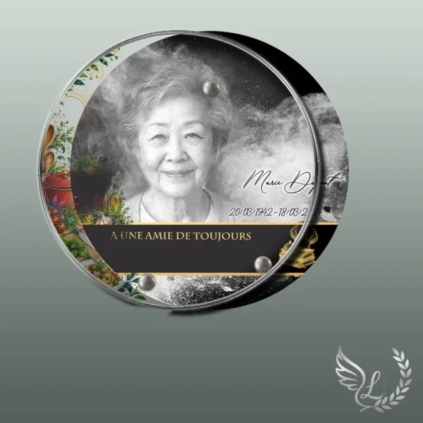 Plaque funéraire médaillon rond cuisine collée sur pierre tombale, double-face professionnel inclus, 1er sous-décor du thème