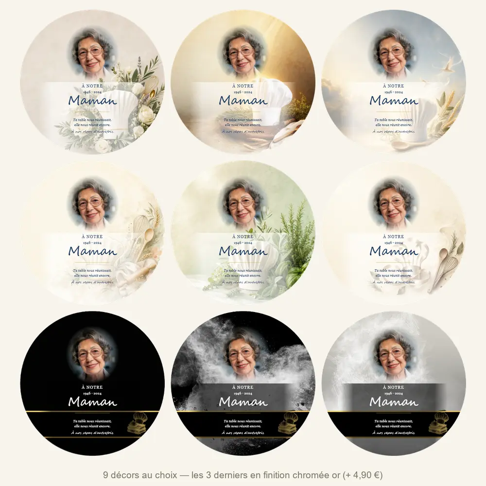 Plaque funéraire circulaire Cuisine — neuf décors de fond au choix