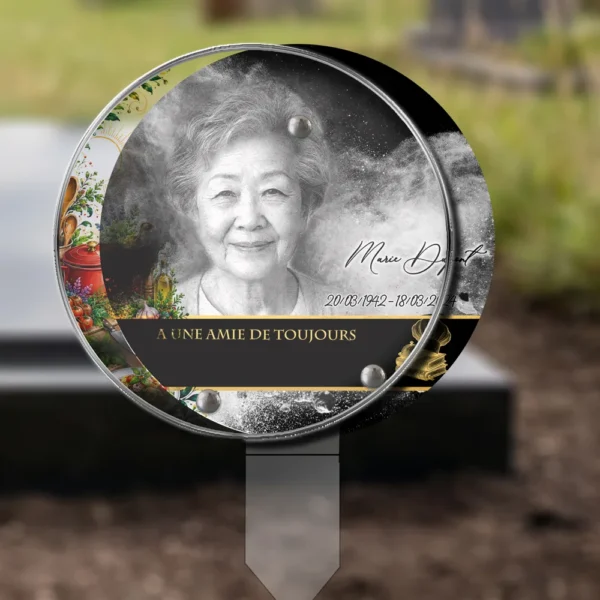 Plaque funéraire médaillon rond cuisine plantée par appendice plexiglas, sol meuble ou pot, 1er sous-décor