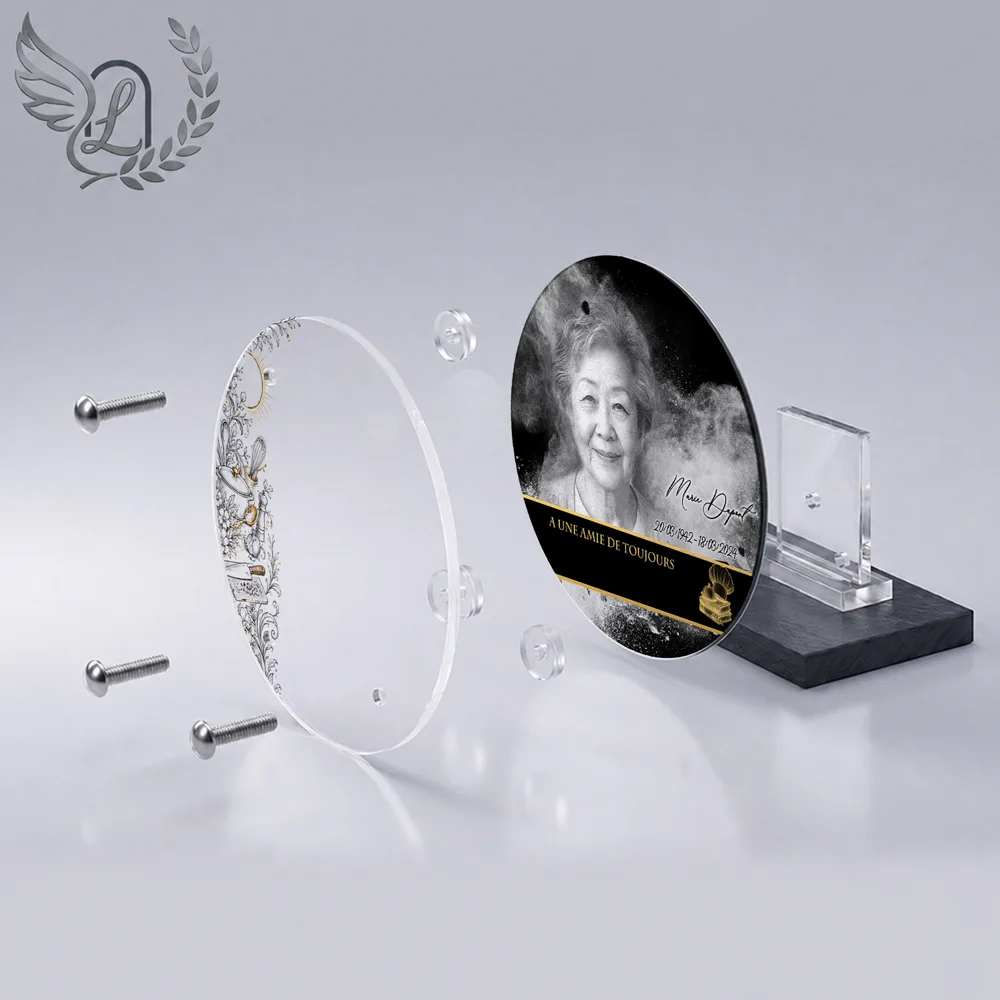 Vue éclatée plaque funéraire Circulaire Cuisine : construction sandwich plexi imprimé miroir, 3 entretoises, dibond et bloc ardoise