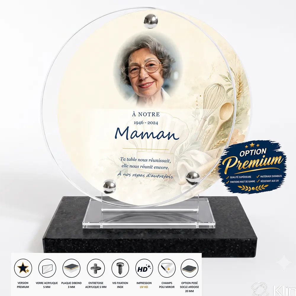 Plaque funéraire circulaire Cuisine finition premium présentée sur socle en ardoise