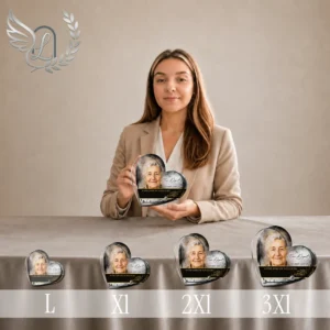 Gamme complète de plaques mémorielles cœur finition chrome doré, présentées côte à côte du format XS au grand format, avec portrait et thème lecture