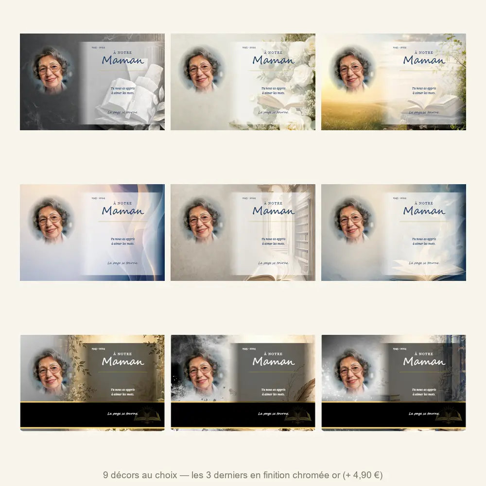 Plaque funéraire panoramique Lecture — neuf décors de fond au choix