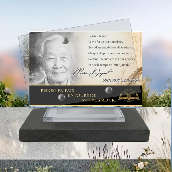 Plaque funéraire panoramique lecture posée sur socle ardoise du Brésil, fixation inox, 1er sous-décor