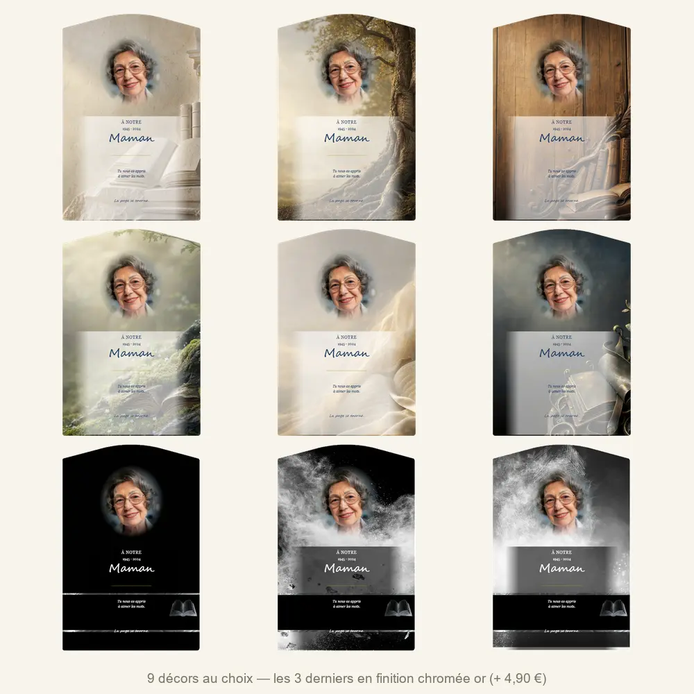 Plaque funéraire stèle Lecture — neuf décors de fond au choix
