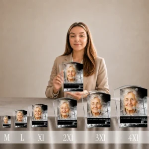 Gamme de plaques funéraires rectangles en plexiglas argent chromé, du format M au 4XL, présentées côte à côte avec portrait de femme et texte hommage, thème passions lecture
