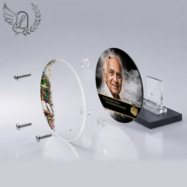 Plaque funéraire médaillon rond lecture en vue éclatée : assemblage 5 couches plexiglas, entretoises chromées, dibond aluminium, vis inox 316