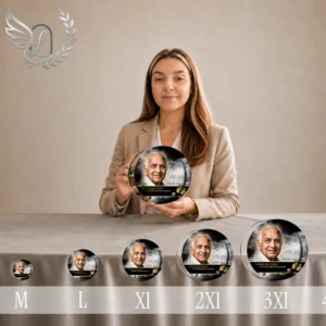 Gamme de plaques funéraires circulaires en plexiglas finition or, du petit au grand médaillon, présentant portrait et signature, thème passions lecture