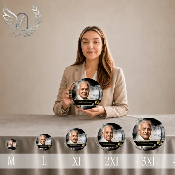 Gamme de plaques funéraires circulaires en plexiglas finition or, du petit au grand médaillon, présentant portrait et signature, thème passions lecture