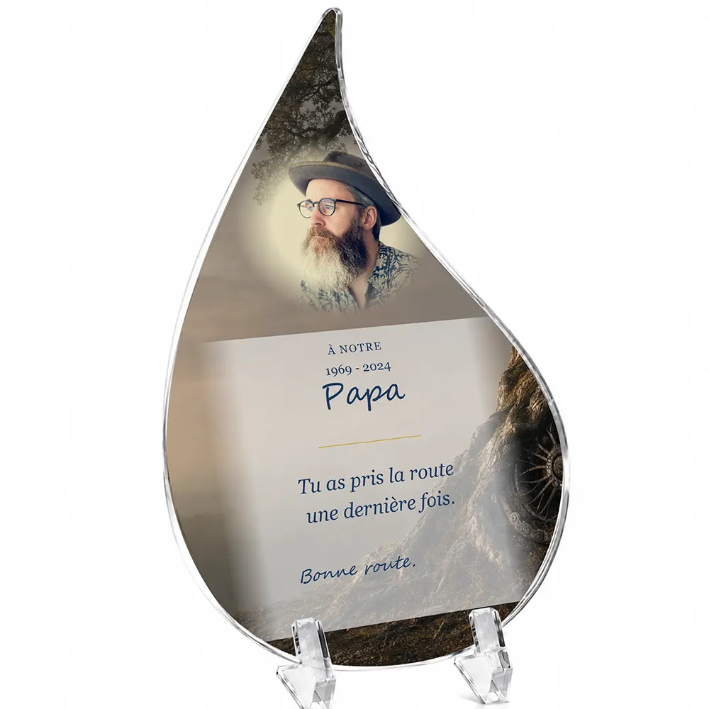 Plaque funéraire flamme Moto personnalisée — portrait, texte libre et fond au choix, présentée sur pied plexi