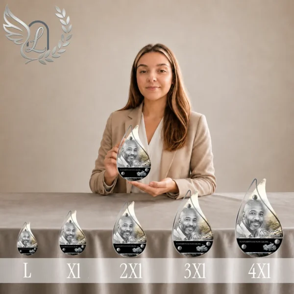 Gamme de cinq plaques funéraires en forme de flamme argentées avec portrait et motifs dorés, présentées côte à côte du format L au 4XL, hommage personnalisé thème passions moto