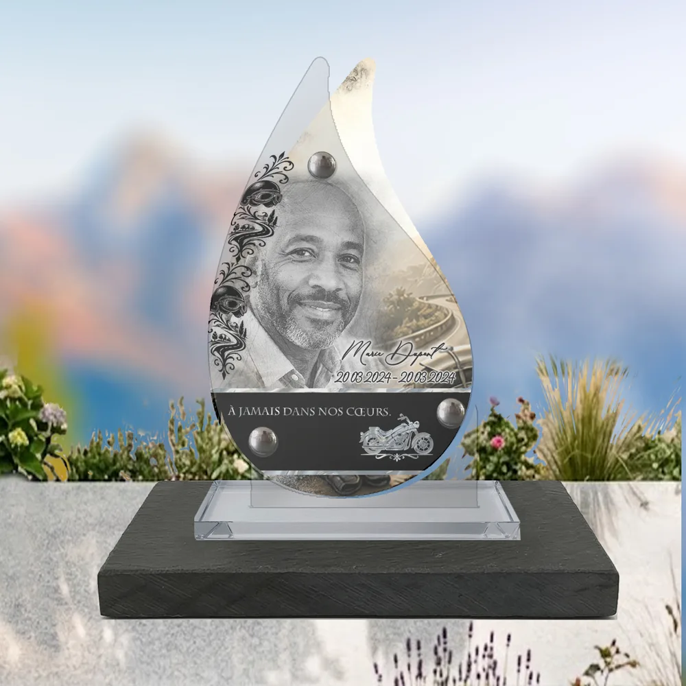 Plaque Flamme Moto à poser sur socle ardoise du Brésil