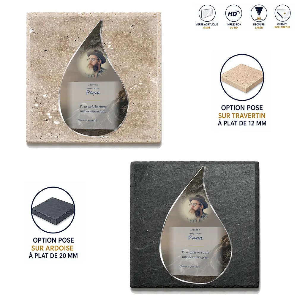 Plaque funéraire flamme Moto — supports au choix, socle ardoise ou travertin