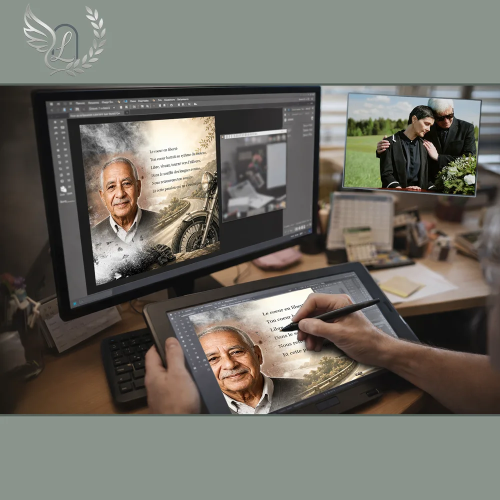 Création artistique plaque funéraire Moto sur tablette graphique en studio