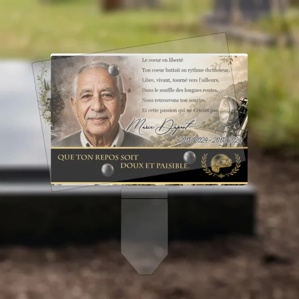 Plaque funéraire panoramique moto plantée par appendice plexiglas, sol meuble ou pot, 1er sous-décor