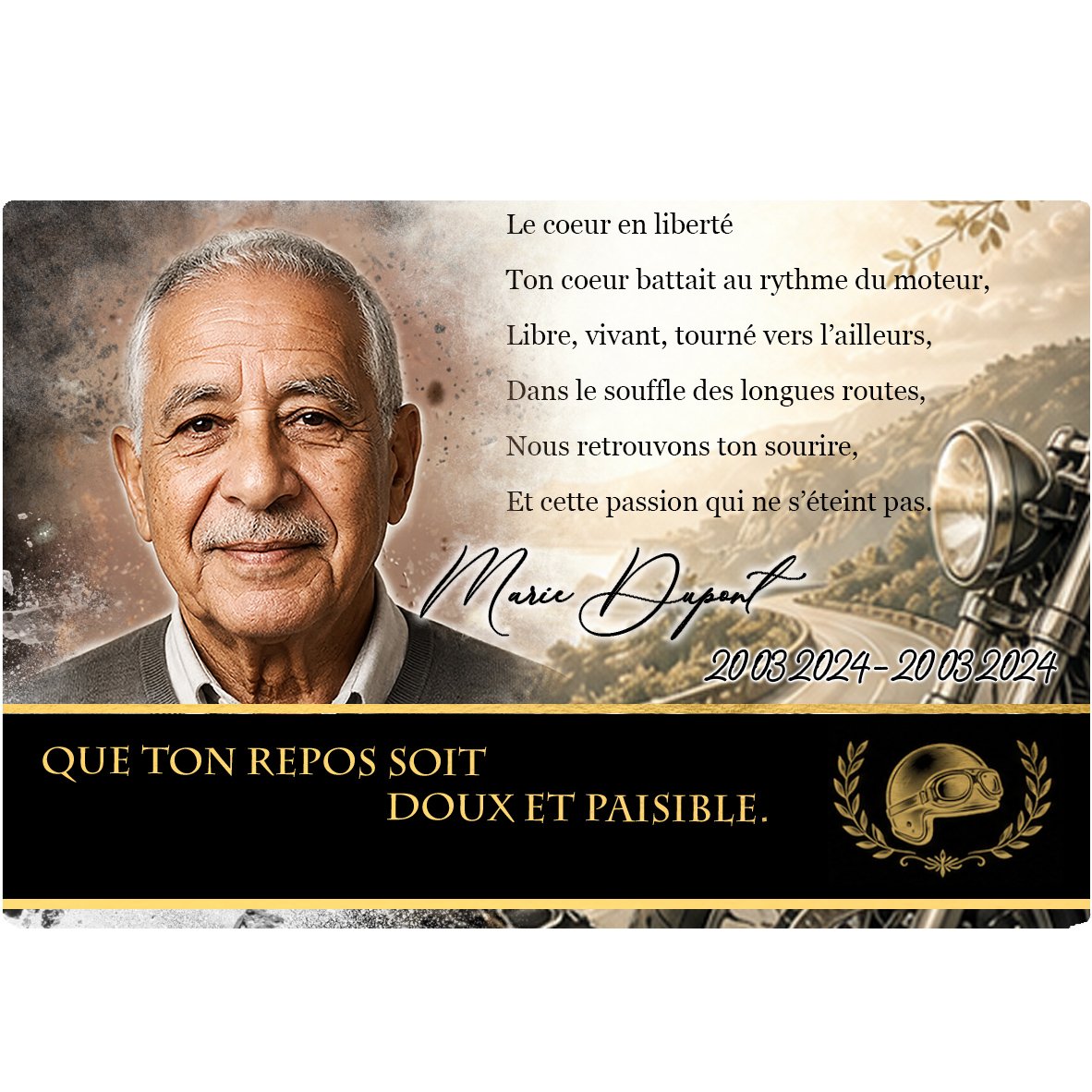 Plaque Panoramique Moto effet Éclat, ambiance complète portrait + fond