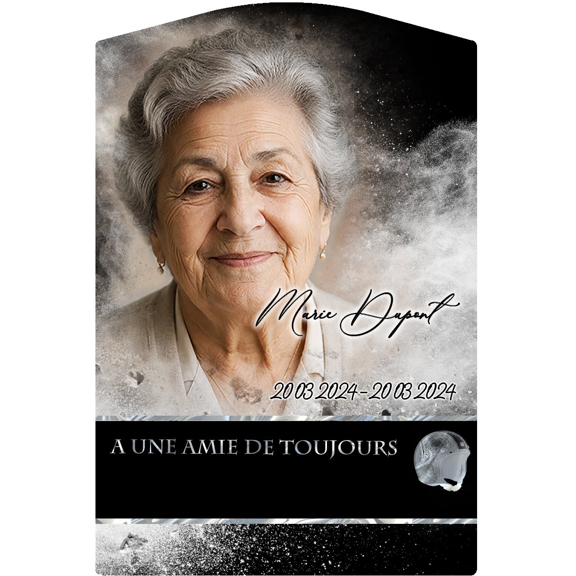 Plaque Stèle Moto effet Éclat, ambiance complète portrait + fond