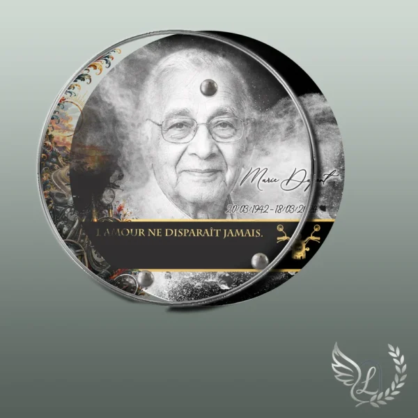 Plaque funéraire médaillon rond moto collée sur pierre tombale, double-face professionnel inclus, 1er sous-décor du thème