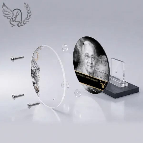 Plaque funéraire médaillon rond moto en vue éclatée : assemblage 5 couches plexiglas, entretoises chromées, dibond aluminium, vis inox 316