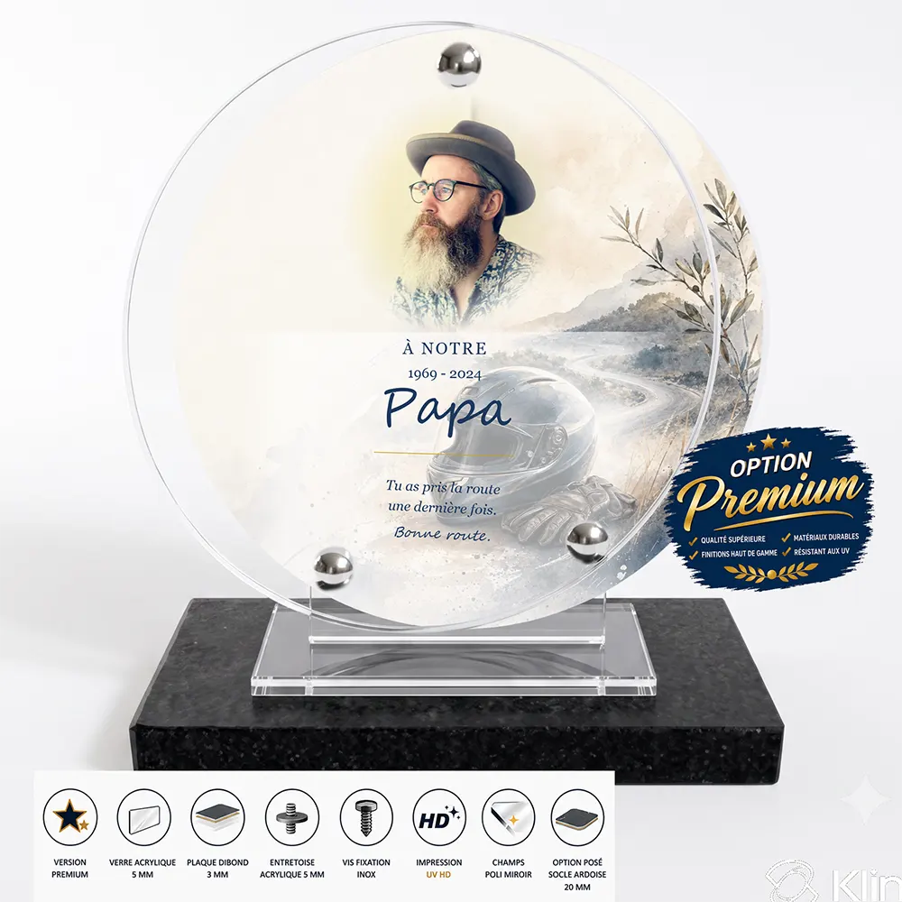 Plaque funéraire circulaire Moto finition premium présentée sur socle en ardoise