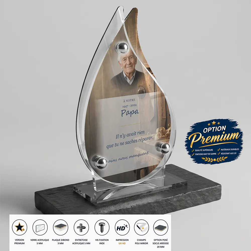 Plaque funéraire flamme Bricolage finition premium présentée sur socle en ardoise