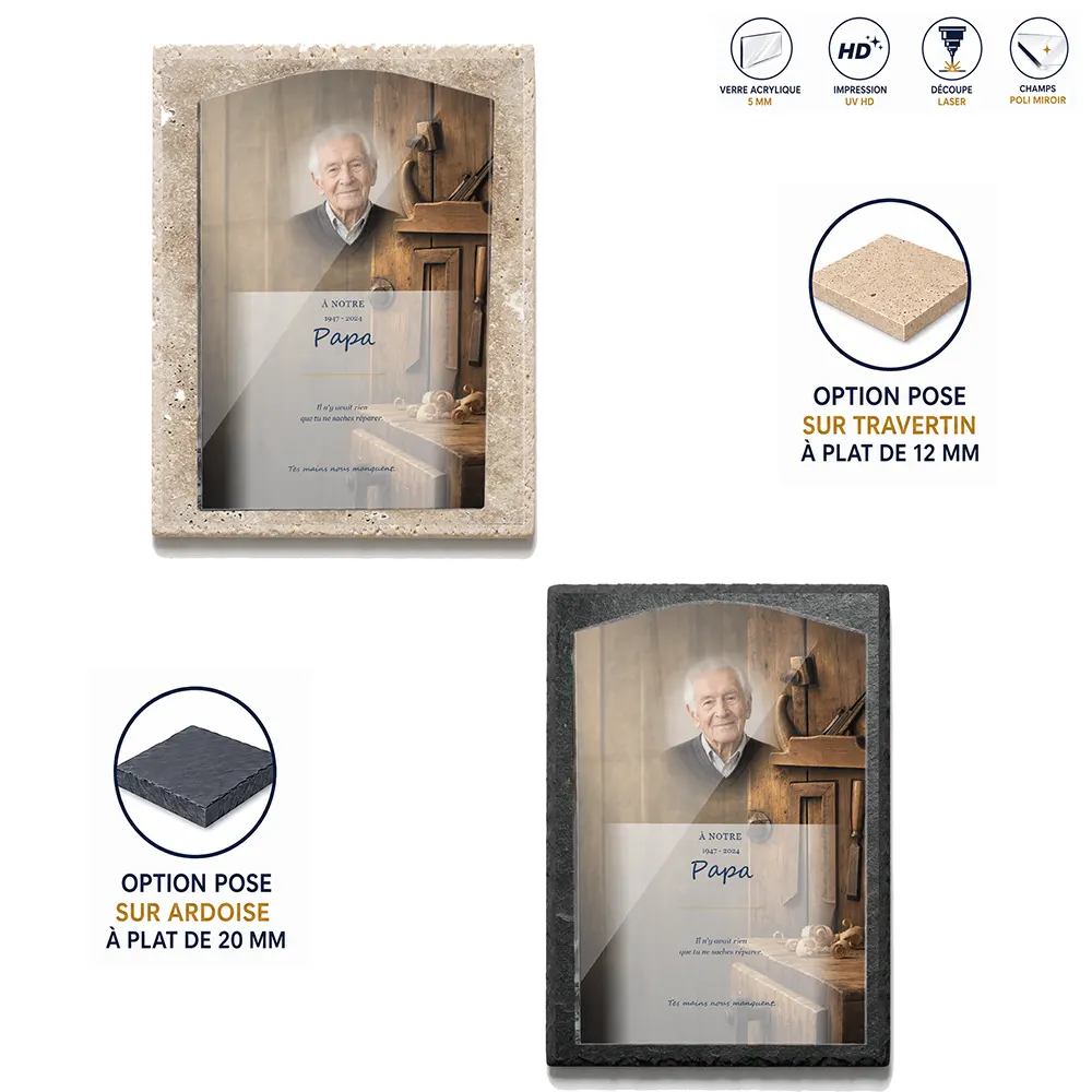 Plaque funéraire stèle Bricolage — supports au choix, socle ardoise ou travertin