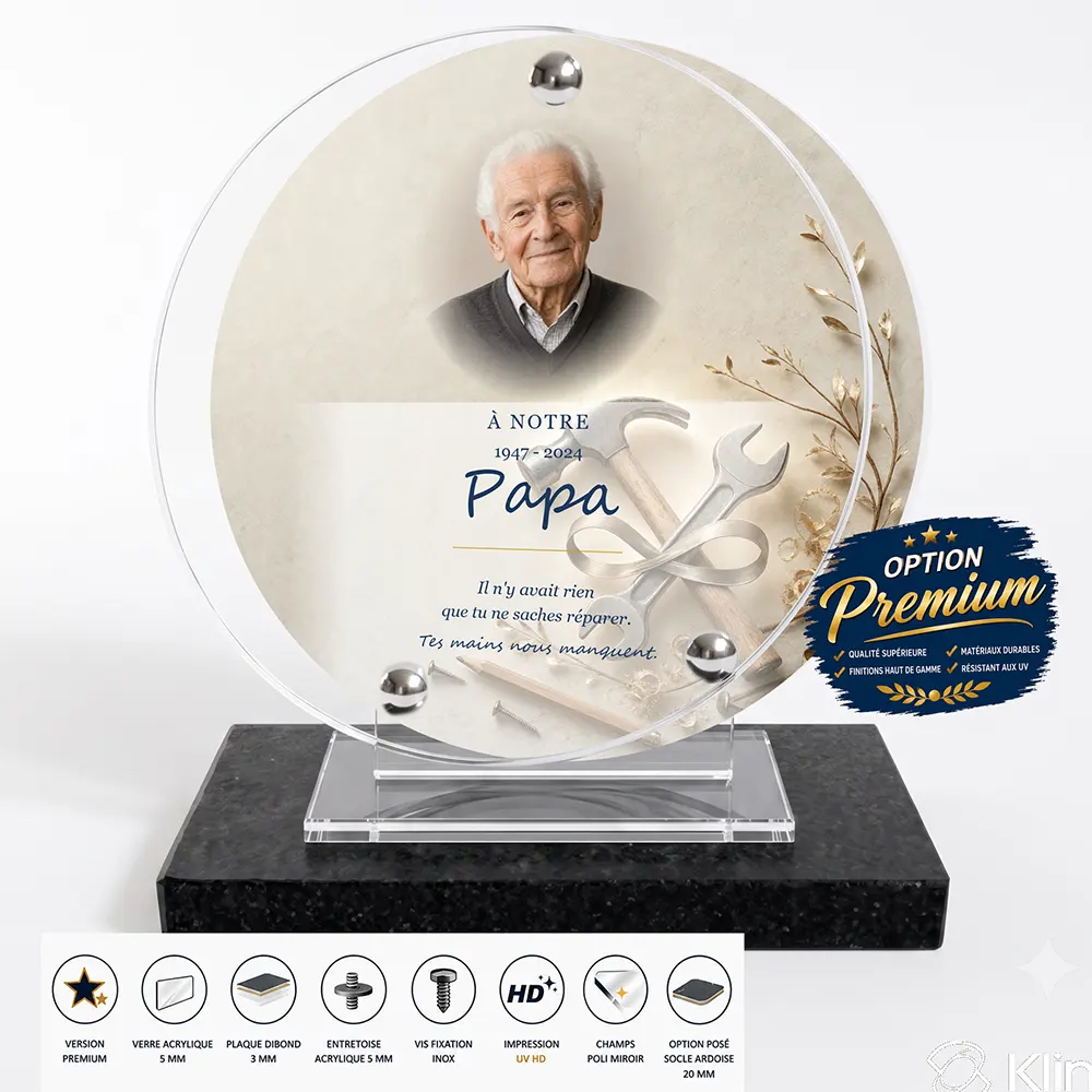 Plaque funéraire circulaire Bricolage finition premium présentée sur socle en ardoise