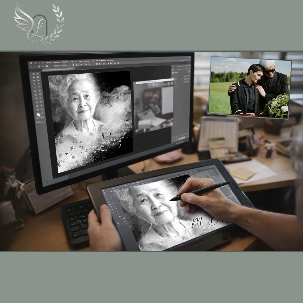 Création artistique plaque funéraire Pétanque sur tablette graphique en studio