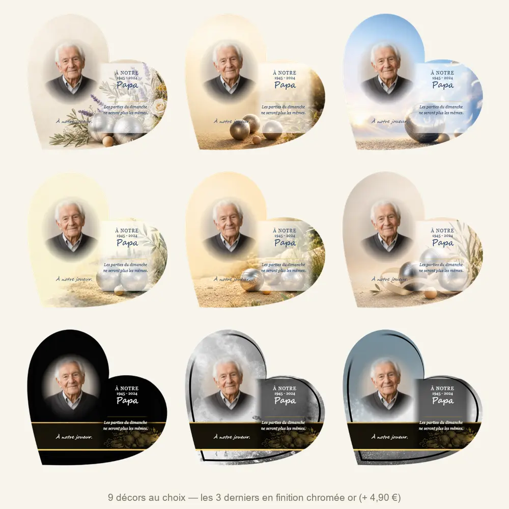 Plaque funéraire cœur Pétanque — neuf décors de fond au choix