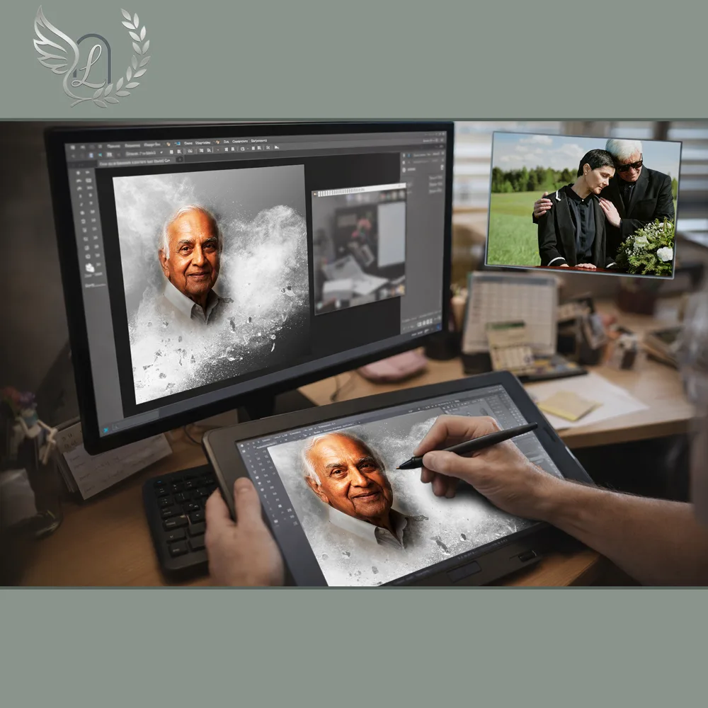 Création artistique plaque funéraire Pétanque sur tablette graphique en studio