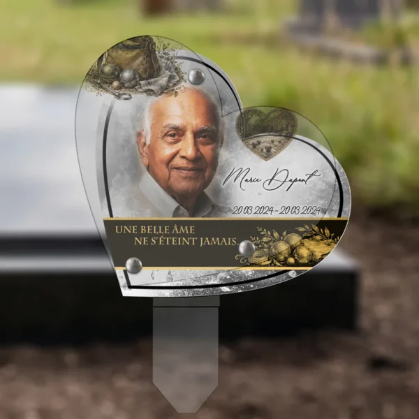 Plaque funéraire cœur pétanque plantée par appendice plexiglas, sol meuble ou pot, 1er sous-décor