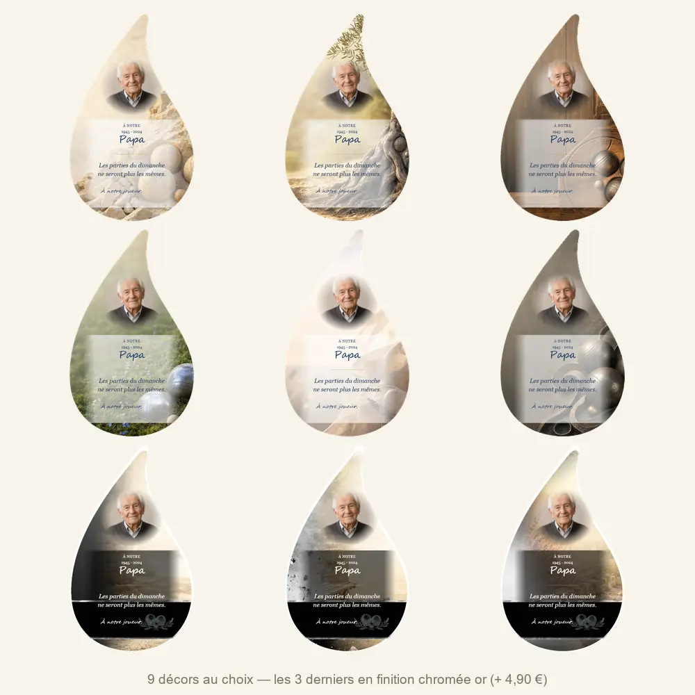 Plaque funéraire flamme Pétanque — neuf décors de fond au choix