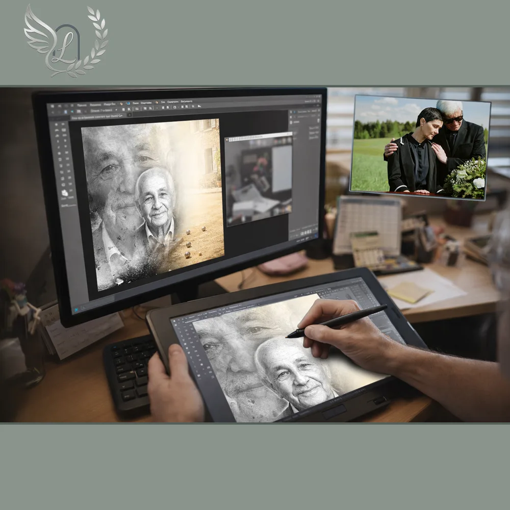 Création artistique plaque funéraire Pétanque sur tablette graphique en studio