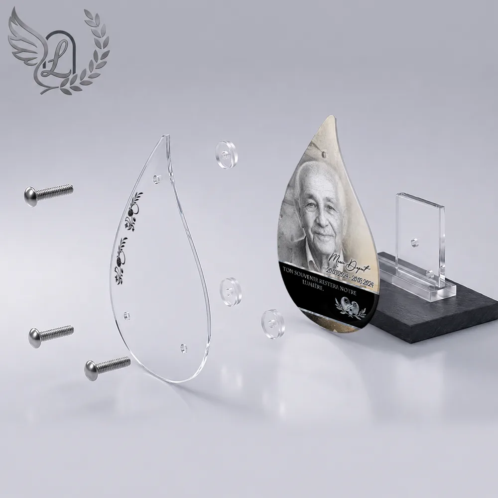 Vue éclatée plaque funéraire Flamme Pétanque : construction sandwich plexi imprimé miroir, 3 entretoises, dibond et bloc ardoise