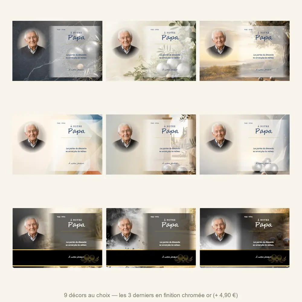 Plaque funéraire panoramique Pétanque — neuf décors de fond au choix