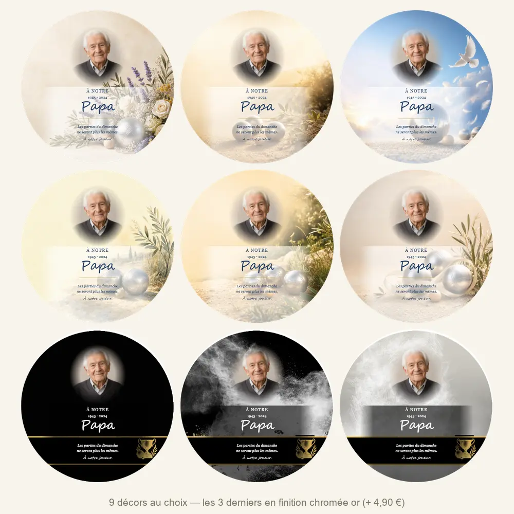 Plaque funéraire circulaire Pétanque — neuf décors de fond au choix